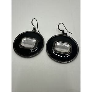 Dangle Drop Medallion Enamel Earrings Rhinestone Black Costume Jewelry Chunky